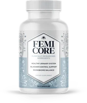 FemiCore bladder support supplement bottle showing the front label with 30 capsules